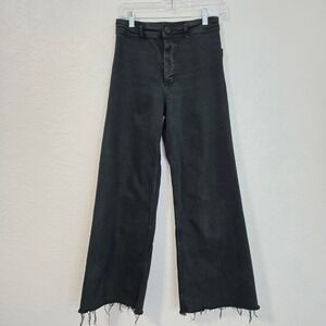 ZARA Wide Leg Cropped Jeans Black Raw Hem Distressed Denim Size 4